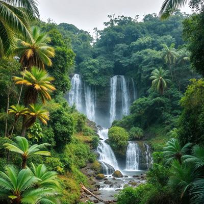The image features a lush, tropical setting with a waterfall surrounded by palm trees. The waterfall is located in the middle of the scene, and the palm trees are scattered throughout the area. The primary subject is the waterfall, which is the focal point of the image. The setting is a mix of natural elements, such as the waterfall and palm trees, and the visual style is a combination of photo and digital art. The colors and mood of the image are vibrant and serene, with the waterfall and palm trees creating a sense of tranquility and relaxation.